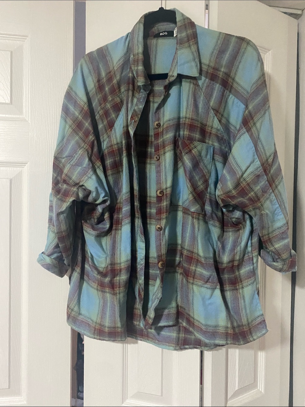 BDG Green and Maroon Plaid Button-Front Shirt